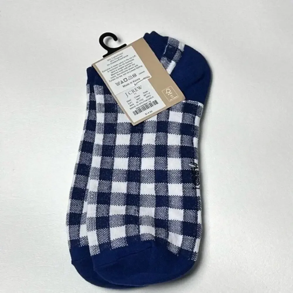 J.Crew Women's Ankle Gingham Blue and White Plaid Print Socks OS NWT